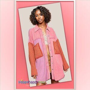 POL Corduroy Sweater Jacket Shacket Distressed Oversized Long Sleeve Pink NWT